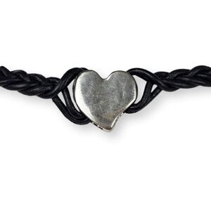 Braided Heart Bracelet Silver Tone Black Faux Leather Woven Western 8" Long
